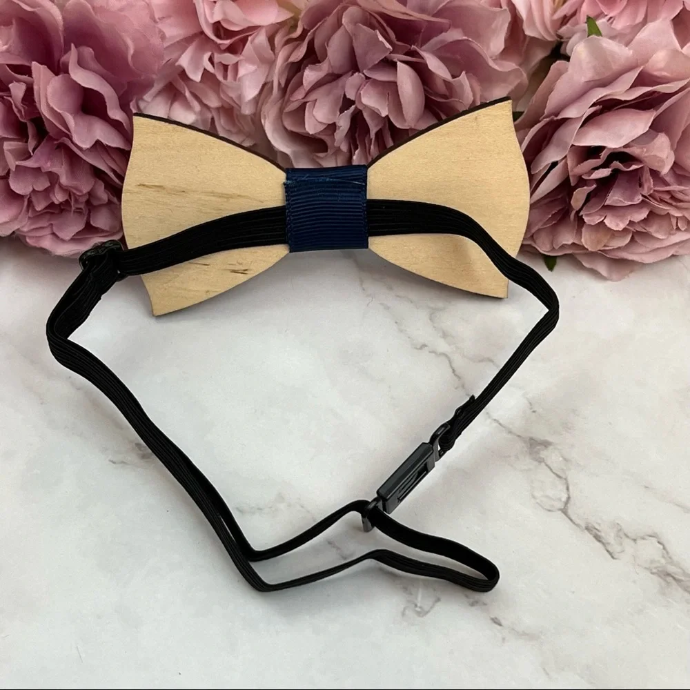 Hand Crafted Blue and White Geometric Wood Butterfly Bow Tie - Picture 10 of 16